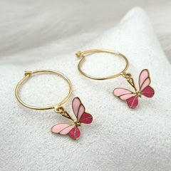 Pink Butterfly Hoop Earrings 2 Grams, 18KT Gold