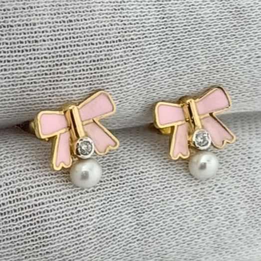 Pink Bow & Pearl Studs 2.3 Grams, 18KT Gold