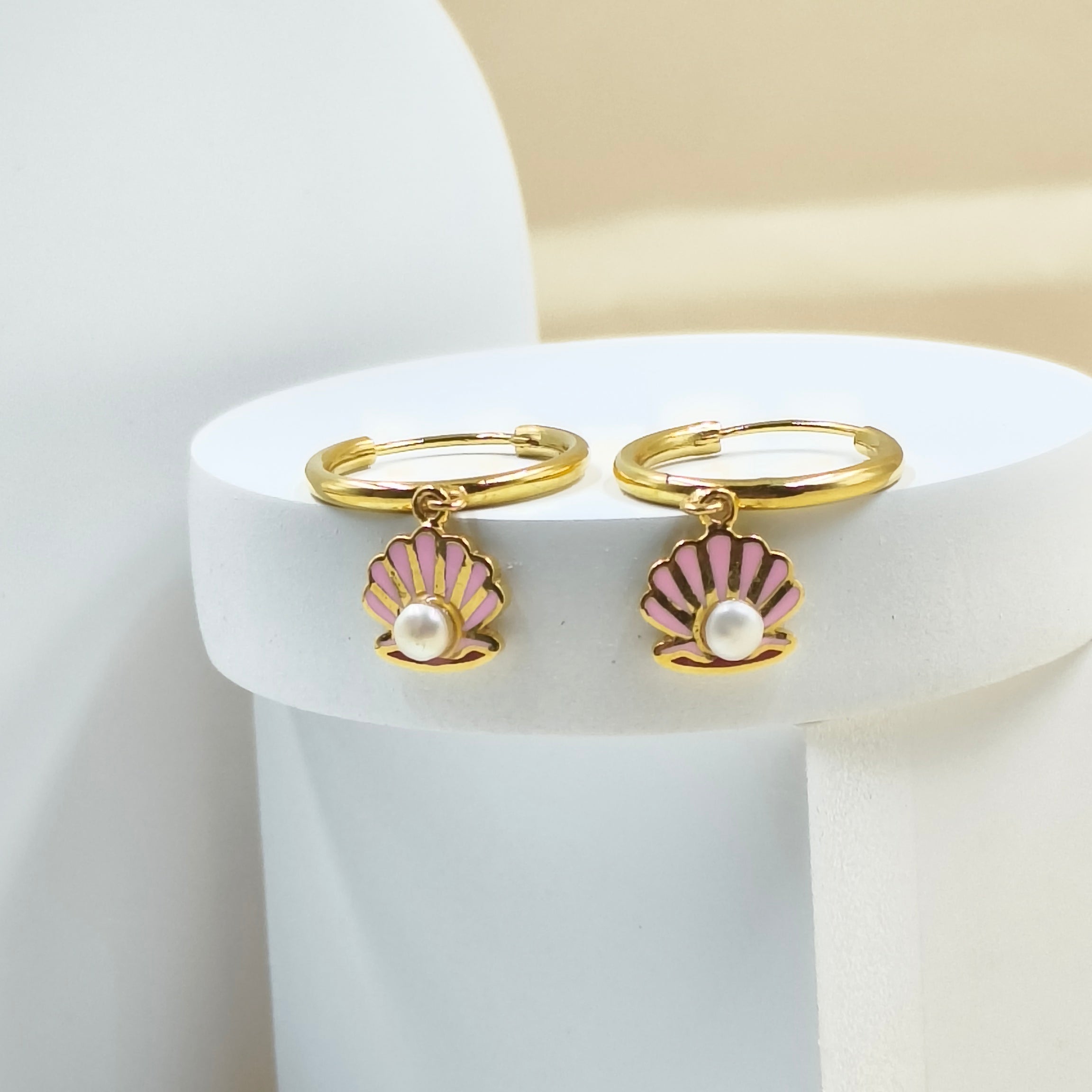 Shell Pearl Hoop Earrings 2.5 Grams, 18KT Gold