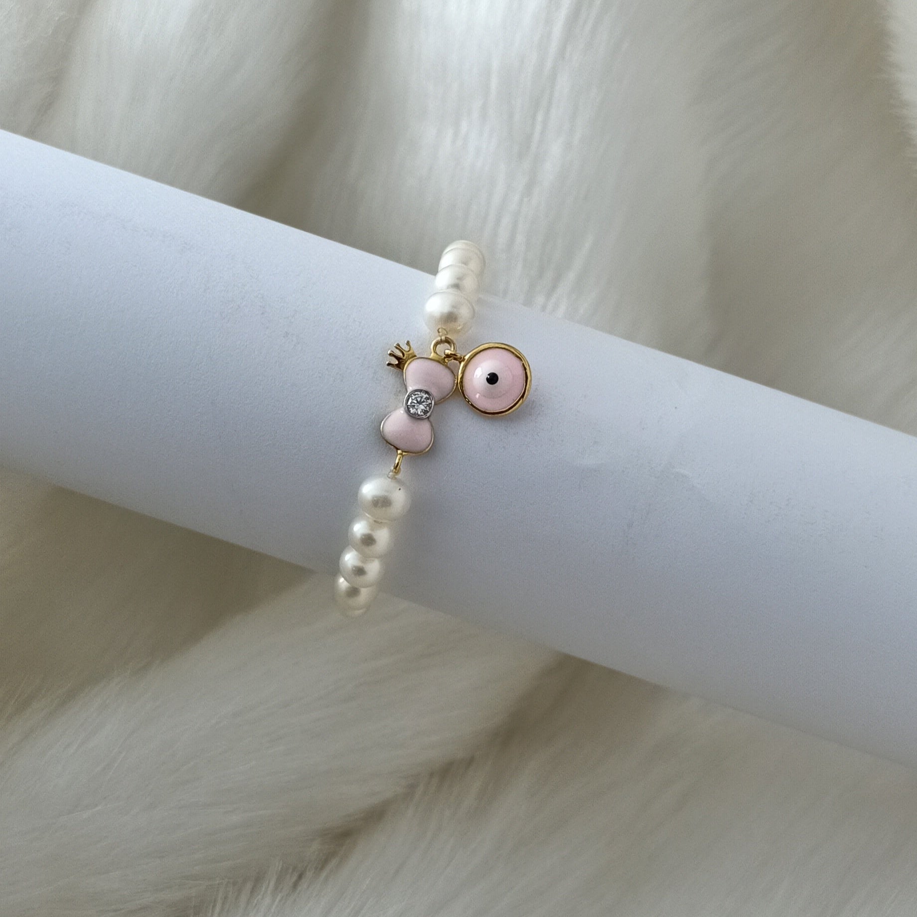 Sweet Charm - Pink Bow Bracelet 0.85 Grams, 18KT Gold