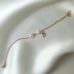 Pink Evil Eye Daisy Name Bracelet 2.7 Grams, 18KT Gold