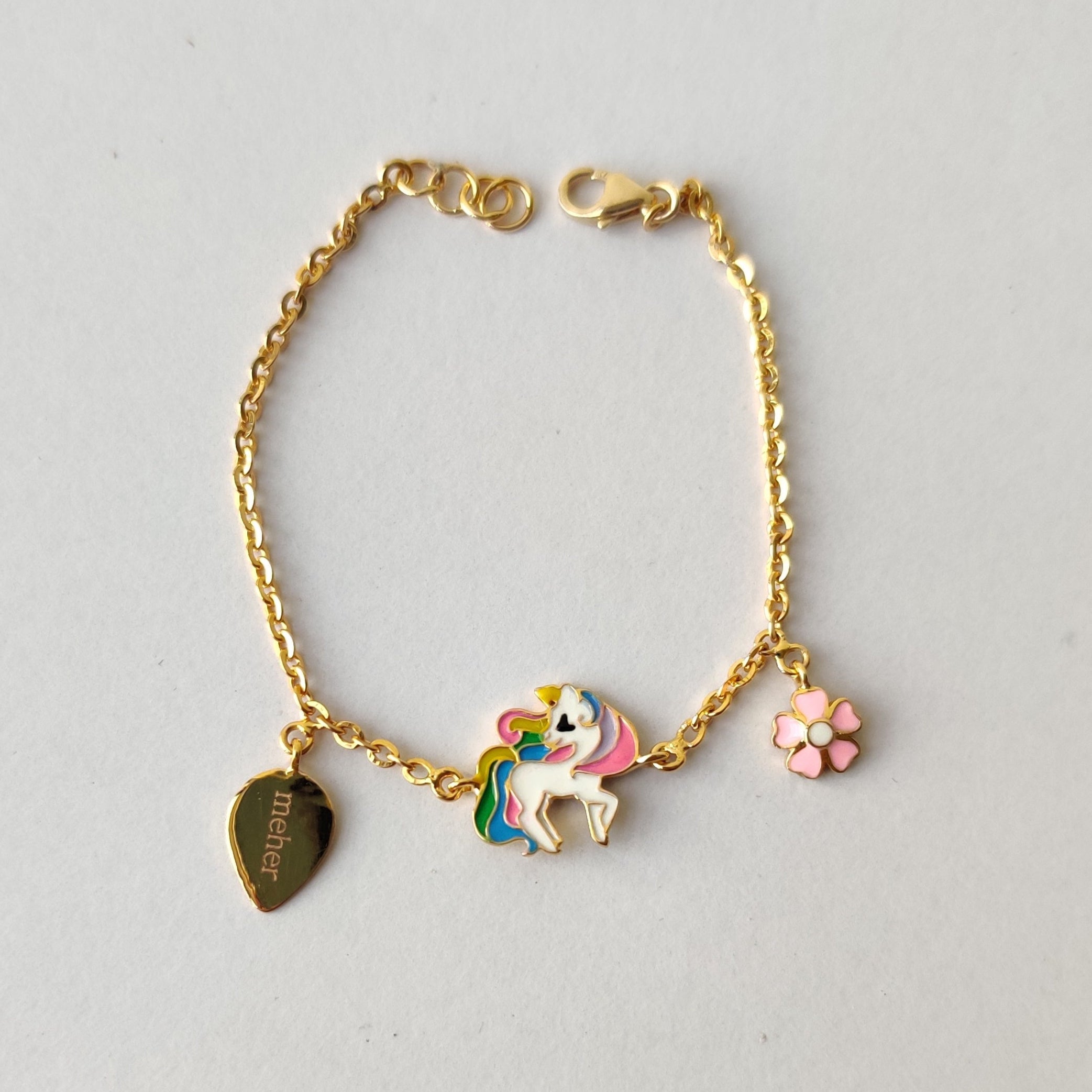 Rainbow Unicorn Charm Bracelet 3.5 Grams, 18KT Gold