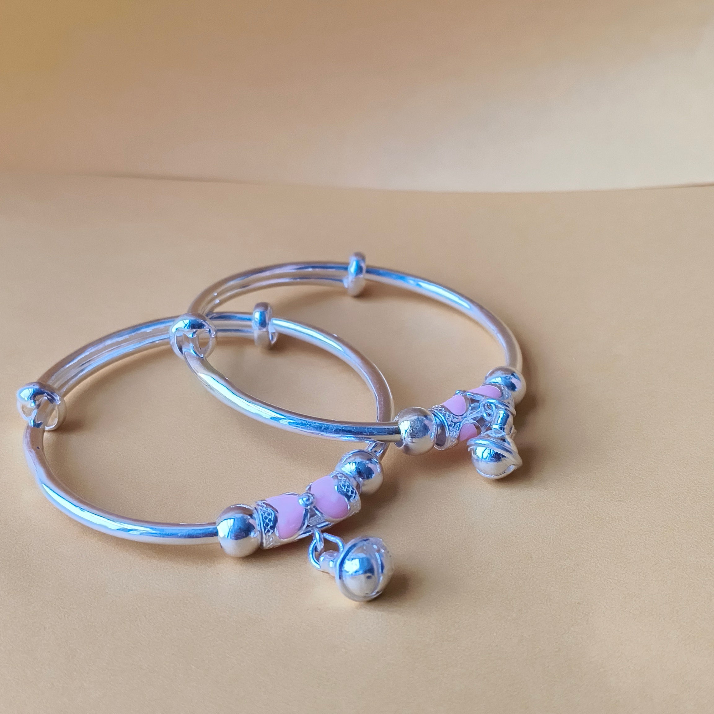 Pink Enamel Dangling Baby Kada Single Piece 14.48 Grams, Silver