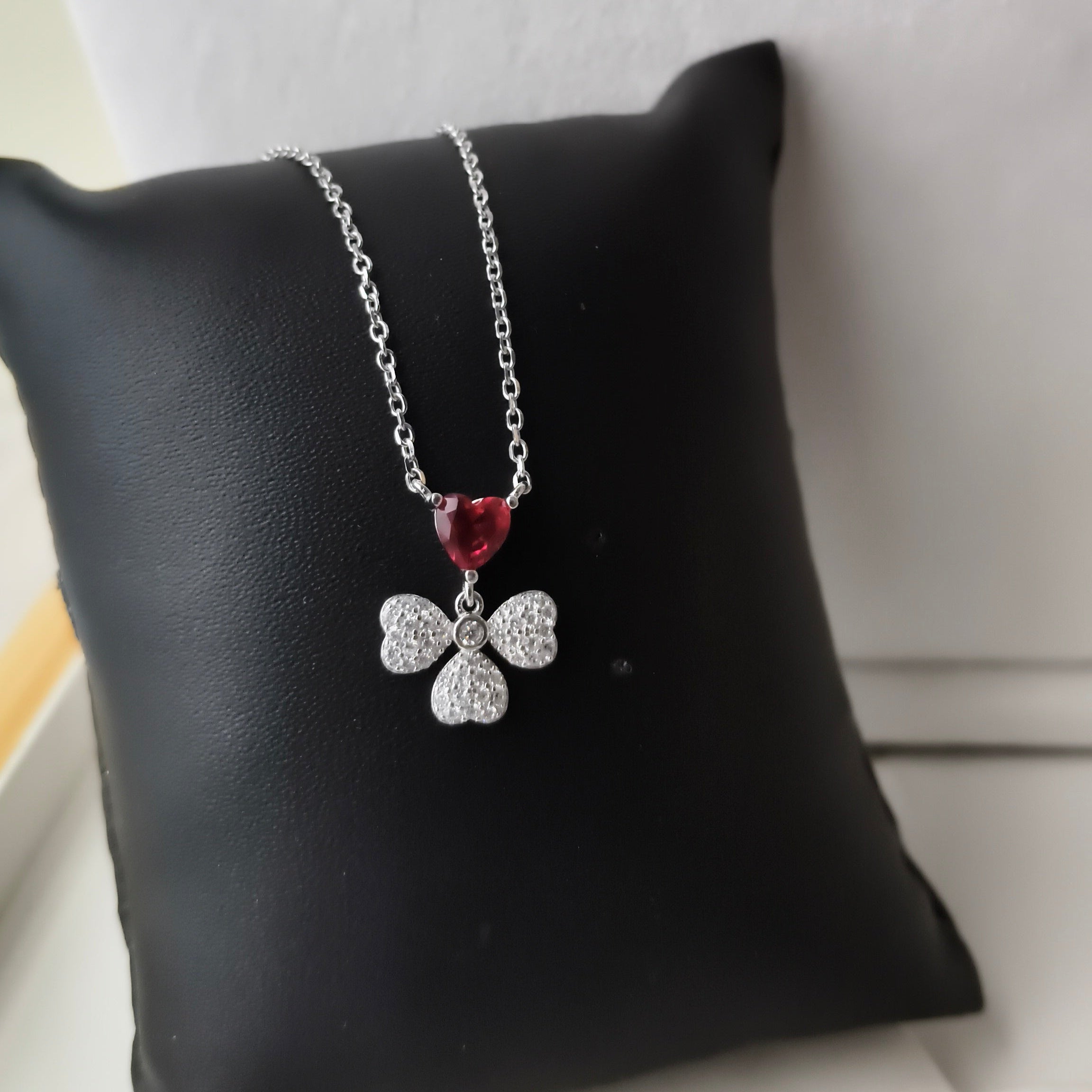 Ruby Heart Blossom Necklace 3.76 Grams, Silver