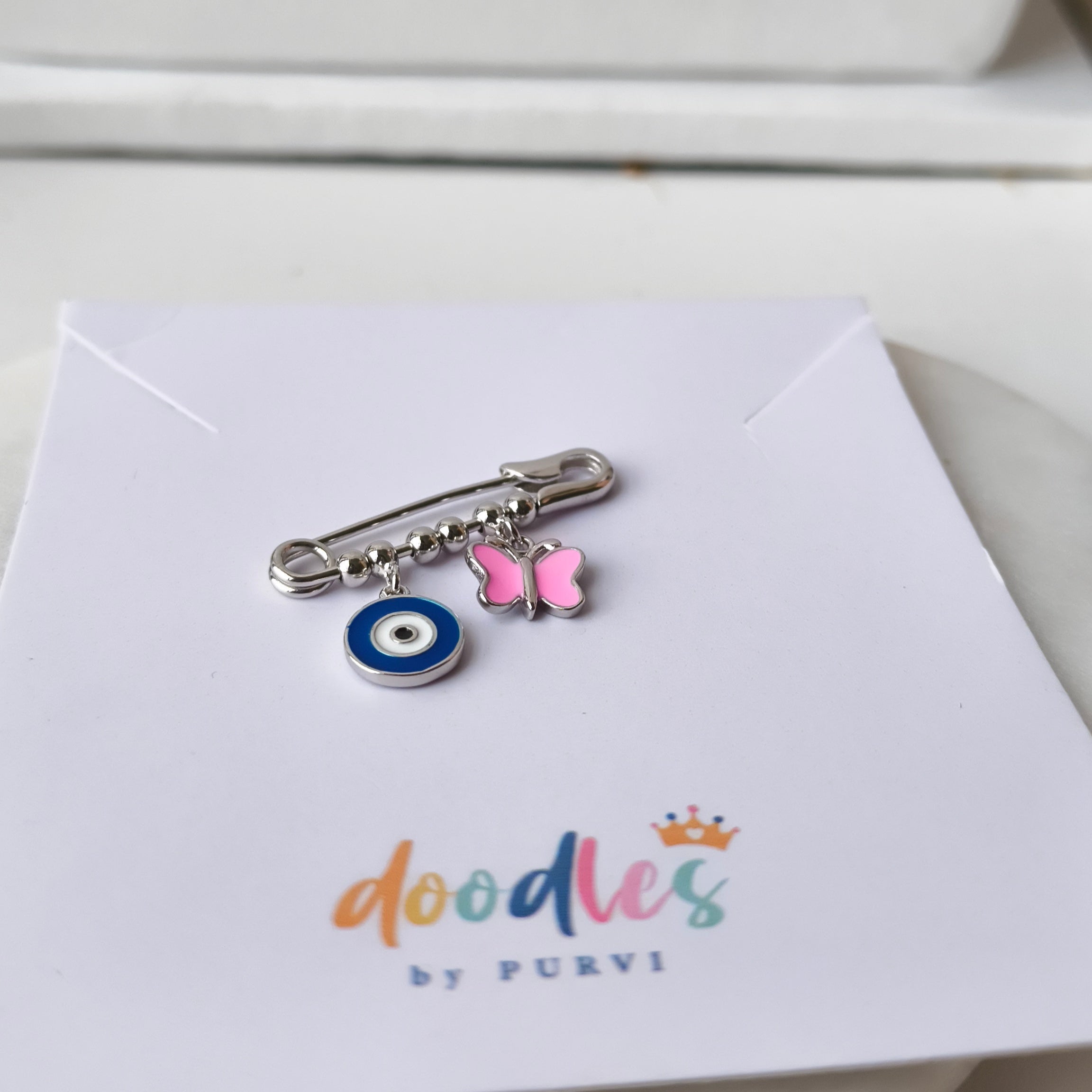 Butterfly Blessings Evil Eye Baby Safety Pin 1.8 Grams, Silver