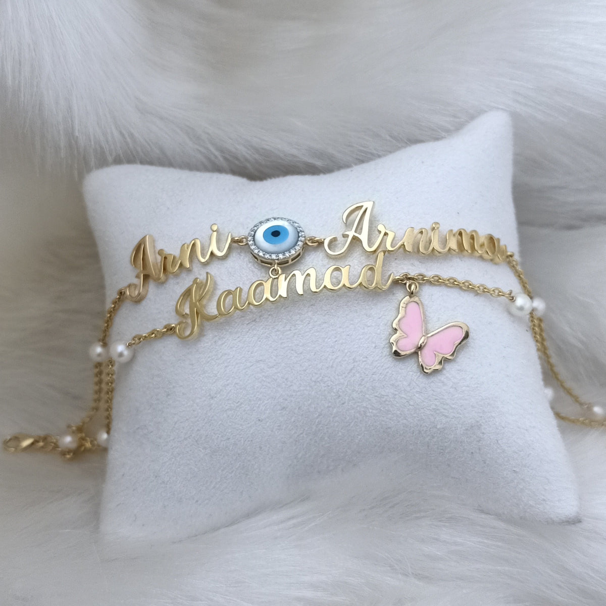 Personalized Name Bracelets (with butterfly & evil eye) 8 grams, 18kt gold