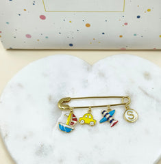 Travel Charm Safety Pin Initial 3.62 Grams, 18KT Gold