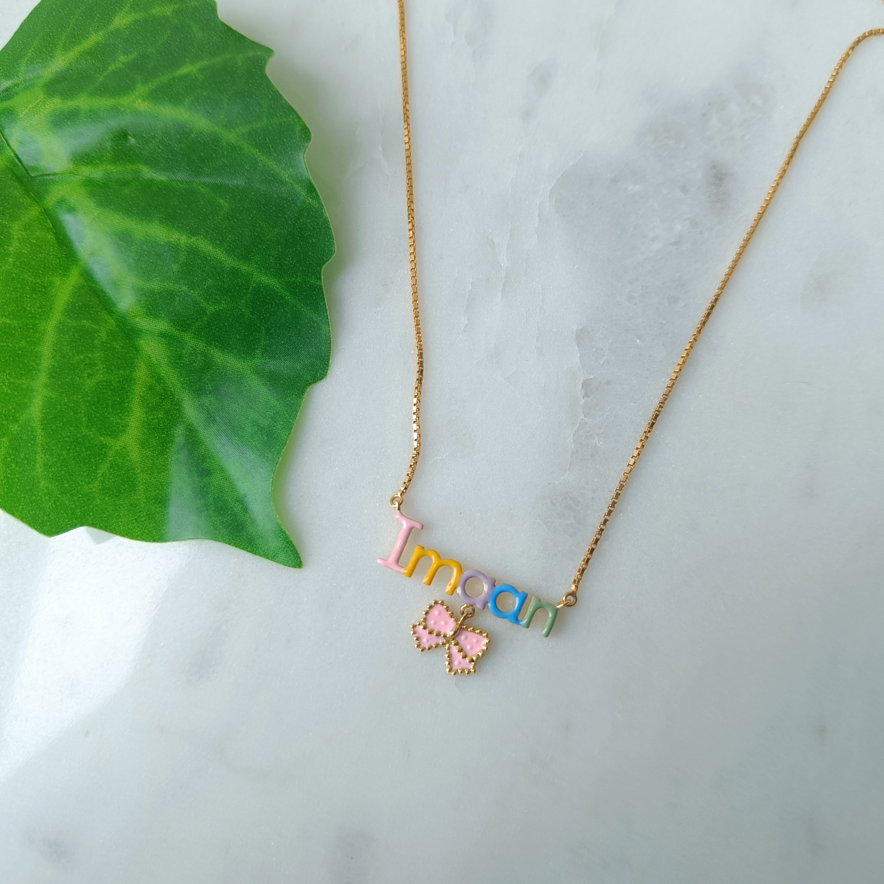Name Chain with Pink Bow 5 Grams, 18KT Gold