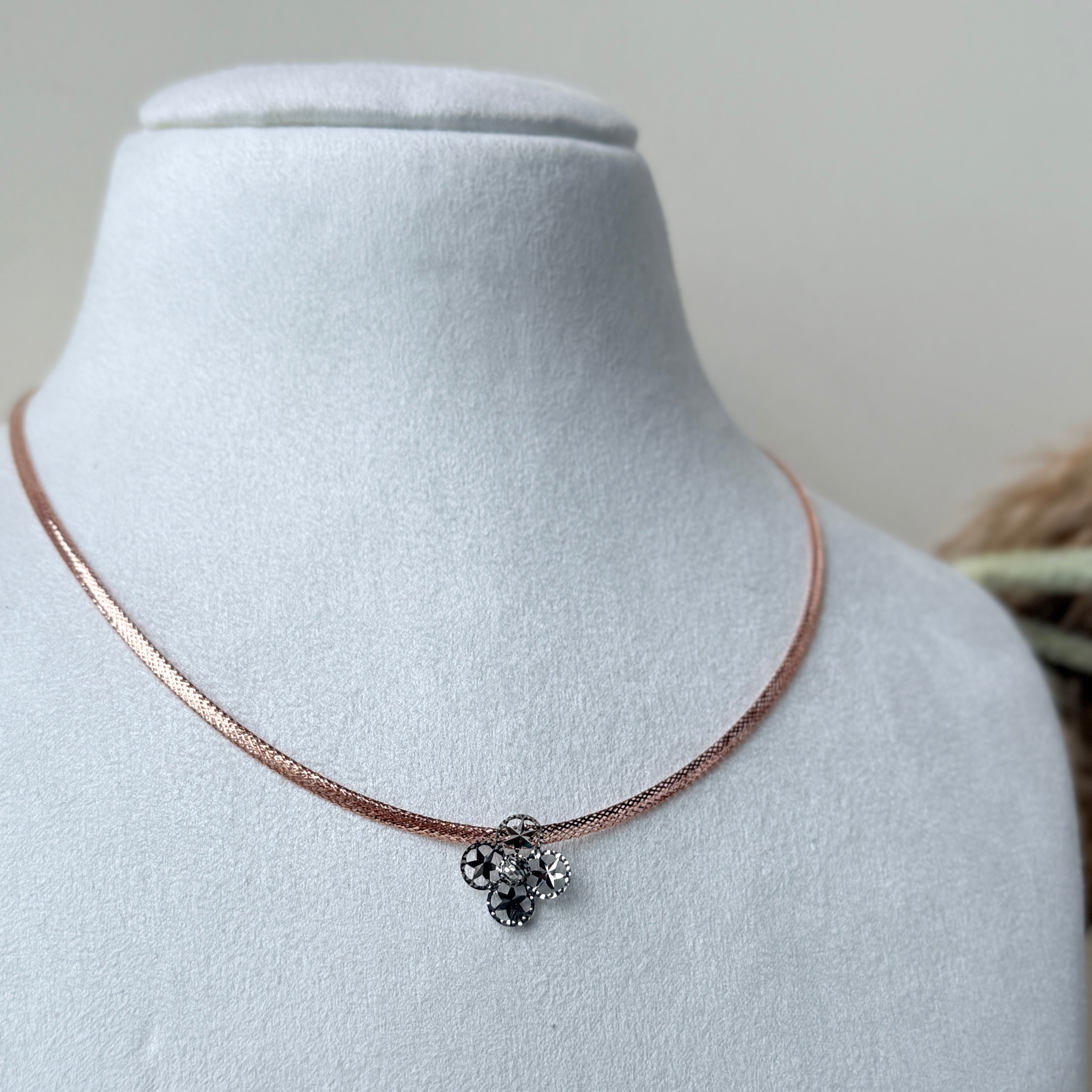 Floral Charm Rose Gold Mesh Necklace 1.45 Grams, 18kt Gold