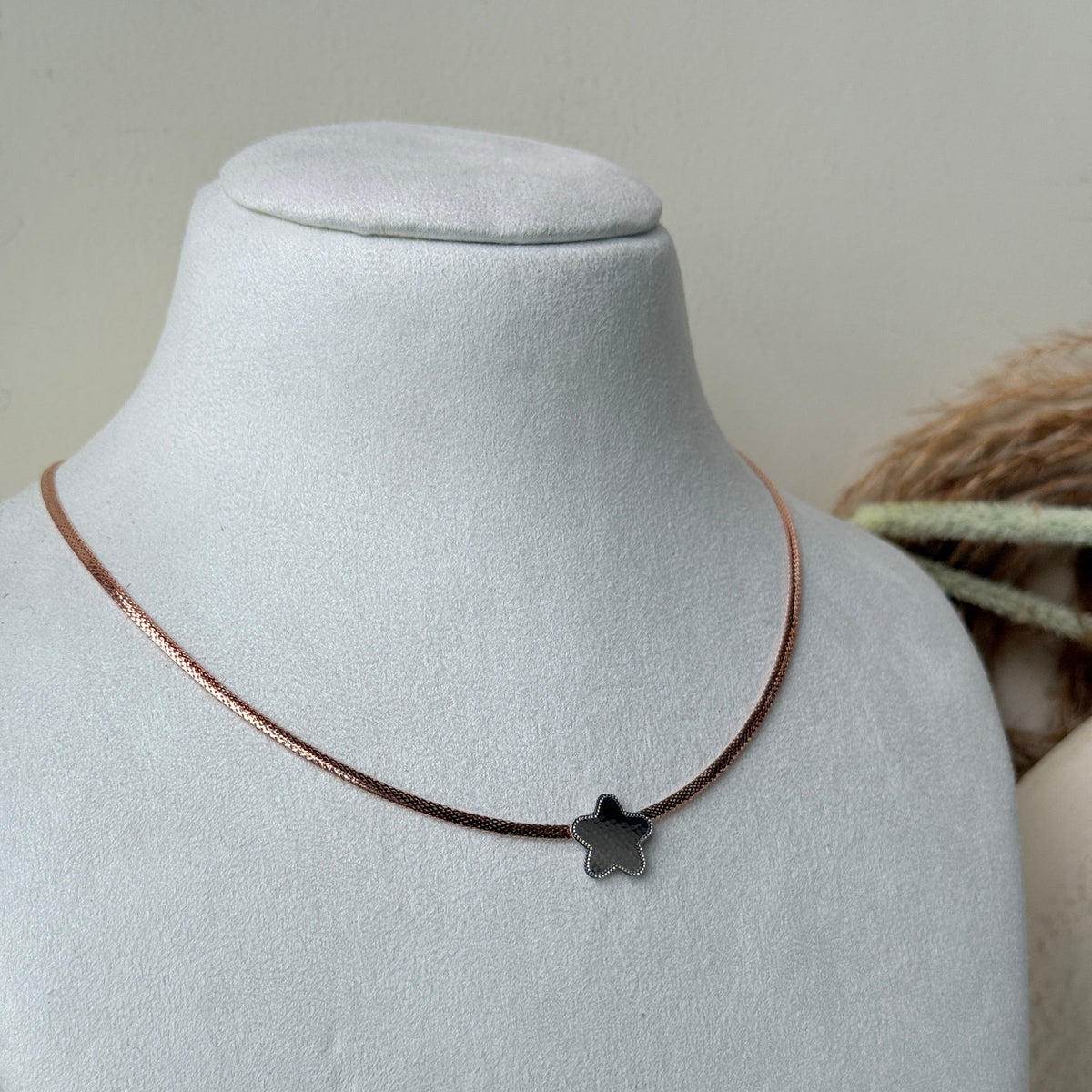 Black Star Charm Rose Gold Mesh Necklace 2 Grams, 18kt Gold
