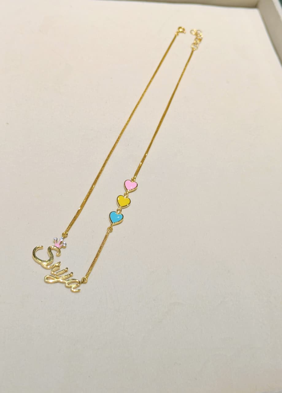 Personalised Triple Heart Name Necklace in 18KT Gold – Pastel Love Edition 7.13 Grams