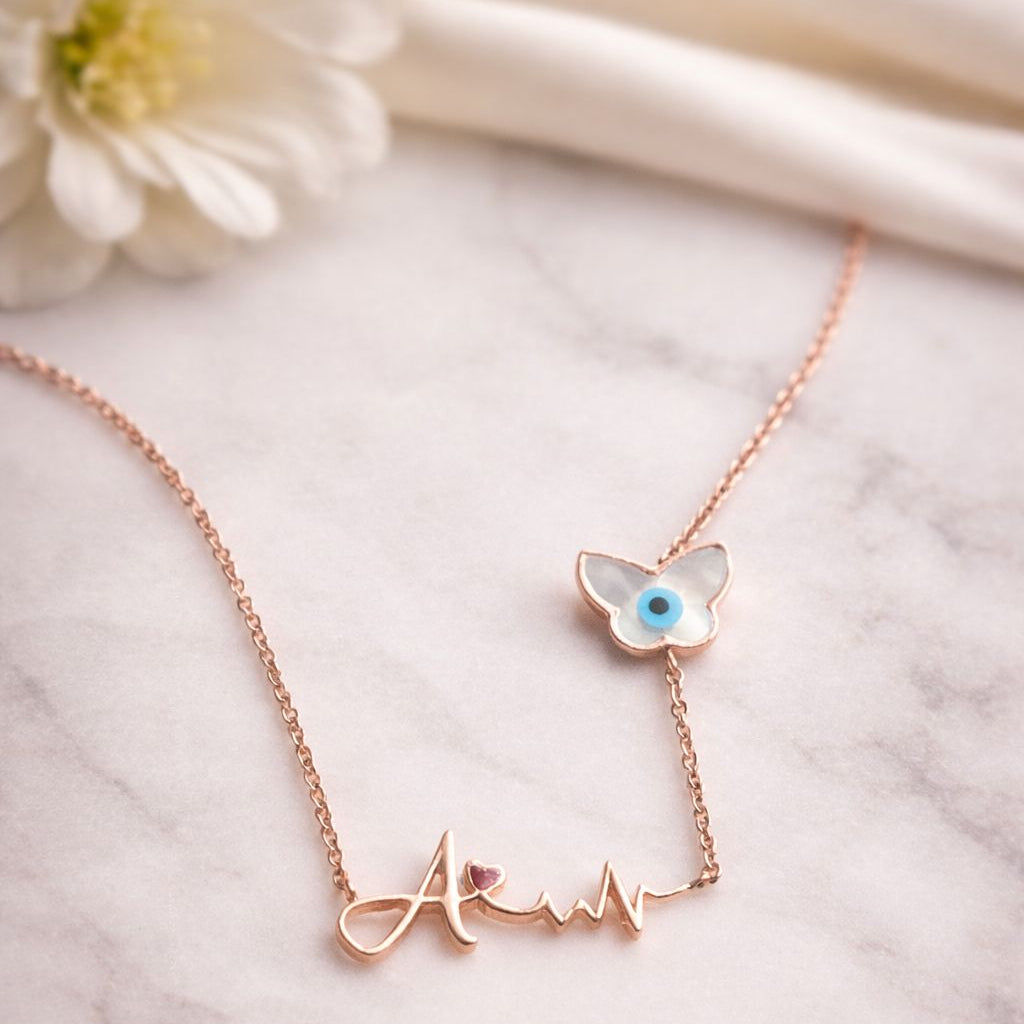 Personalized Rose Gold Name Necklace with Evil Eye Butterfly Charm 4.27 Grams, 18KT Gold