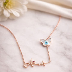 Personalized Rose Gold Name Necklace with Evil Eye Butterfly Charm 4.27 Grams, 18KT Gold