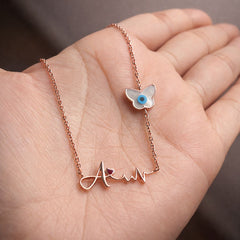 Personalized Rose Gold Name Necklace with Evil Eye Butterfly Charm 4.27 Grams, 18KT Gold