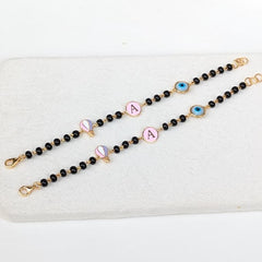 Personalised Nazariya Bracelet with Initial Charm, Evil Eye And Hot Air Balloon 4.65 Grams a Pair , 18KT Gold