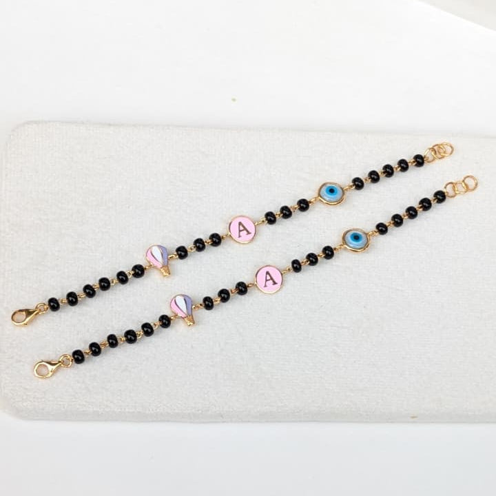 Personalised Nazariya Bracelet with Initial Charm, Evil Eye And Hot Air Balloon 4.65 Grams a Pair , 18KT Gold