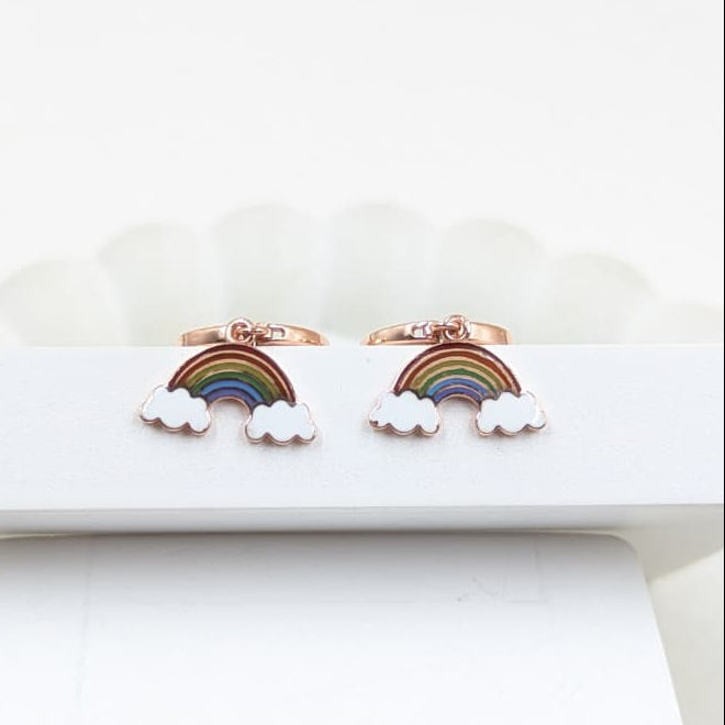 Rainbow Dreams Loop Earrings | Cute Kids Charm Ring with Enamel Clouds 2.16 Grams, 18KT Gold