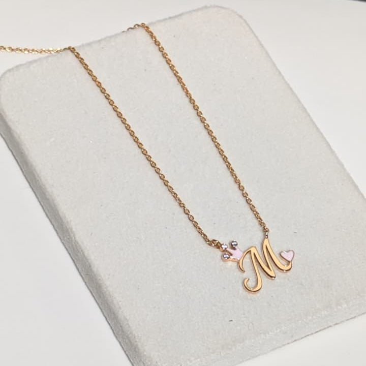 Personalised Initial ‘M’ Gold Pendant with Pink Heart 3.74 Grams, 18KT Gold