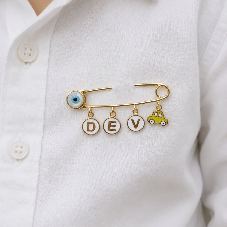 Personalised Baby Name Pin with Evil Eye and Car Charm 3.6gm 18Kt