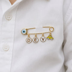 Personalised Baby Name Pin with Evil Eye and Car Charm 3.6gm 18Kt