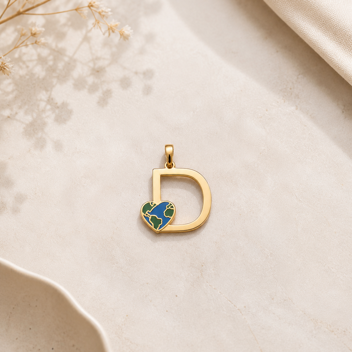 Golden Initial “D” Pendant with Earth Heart Charm 1.77 Grams, 18KT Gold