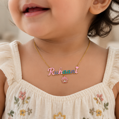 Ruhaani Customised Name Necklace in Gold | Custom Enamel Name Pendant with Pearl Shell Charm 5.4 Grams, 18KT Gold