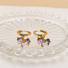 Featuring delicate golden hoops paired with charming pastel unicorn pendants, every tiny detail is crafted to bring joy and whimsy. 2.5 Grams, 18KT Gold