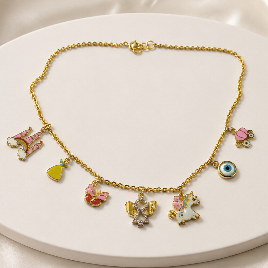 Storybook Charm Chain for Girls, Unicorn, Butterfly & Angel Gold Chain 6.79 Grams, 18KT Gold